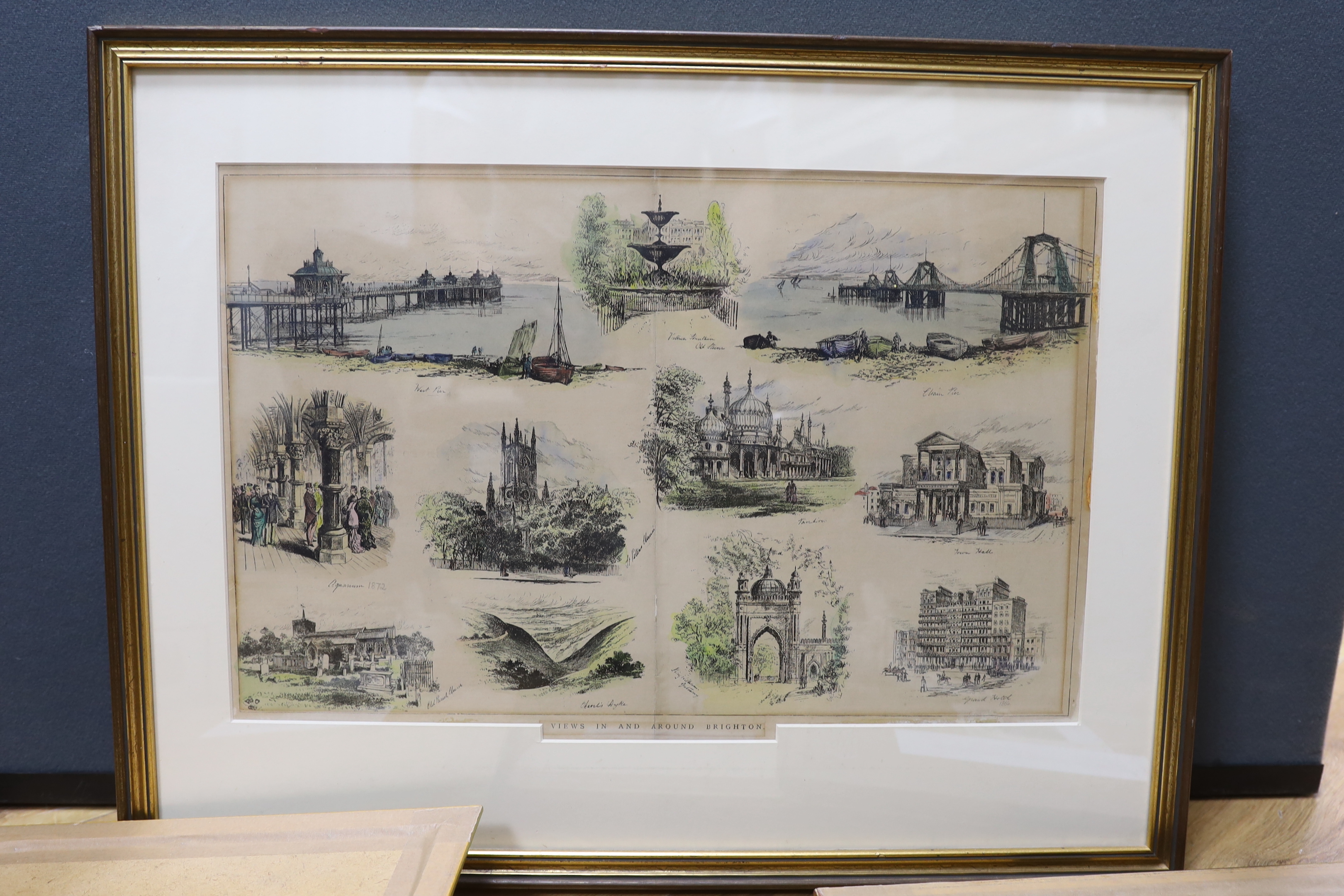 Four 19th century hand coloured engravings and prints of Brighton Pavilion including, ‘His Majesty’s Palace’, publ. 1821, together with ‘Views in and around Brighton’ and ‘Prince Albert driving the Queen & Princess Royal